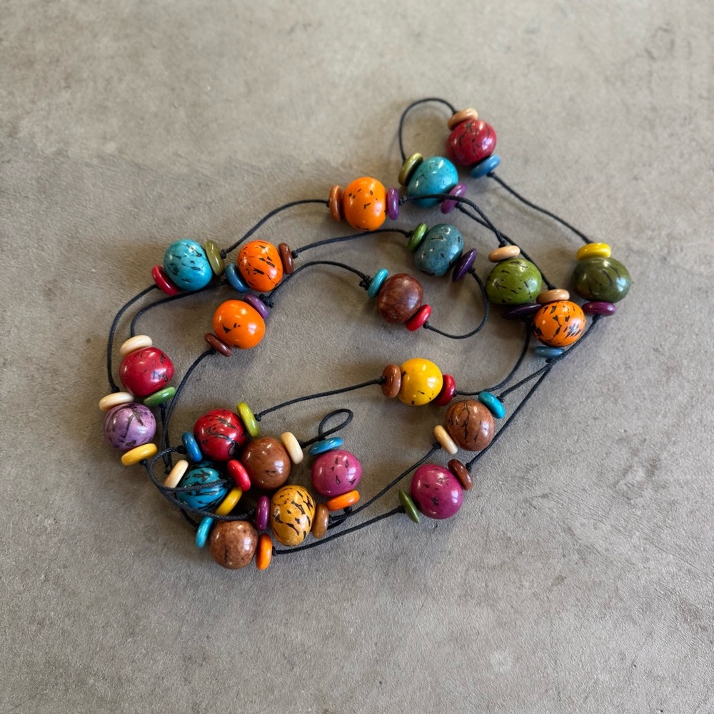 Vintage 80s Colorful Multicolor Wood Bead Long Necklace 60” Loop, Double wrap!
